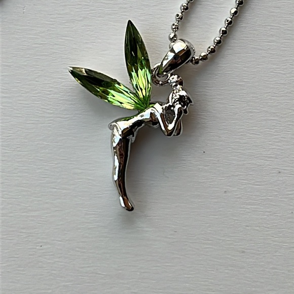 Tinkerbell necklace — charm with green crystal wings on silver tone ball chain - Picture 8 of 10